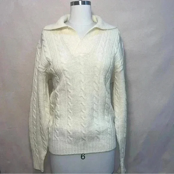 Vintage | Cableknit Collared Pullover Sweater - Cream / Sz M - Picture 2 of 8